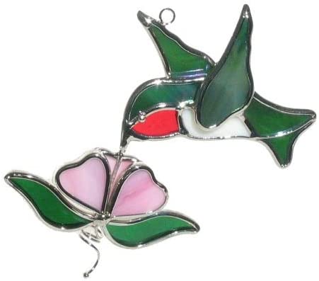 Ruby Throated Hummingbird and Flower Stained Glass Suncatcher